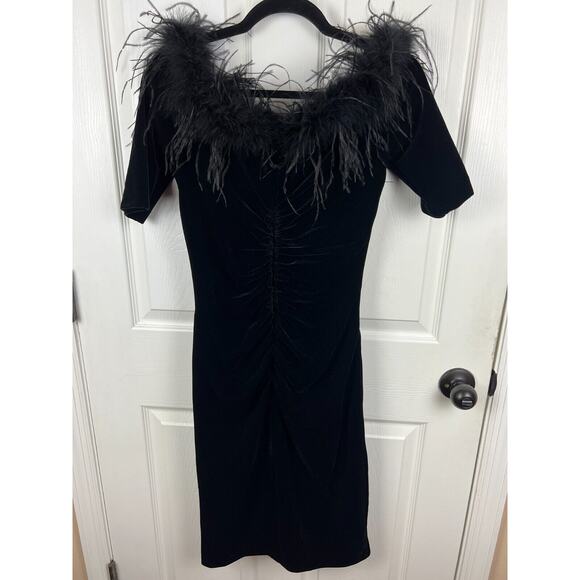 XSCAPE Womens Black Feathered Unlined Elbow Sleeve Sheath Velvet Ruched Dress 8 - Picture 9 of 10